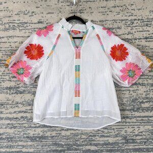 THML Womens White Floral Embroidered Puff Sleeve Blouse V-Neck